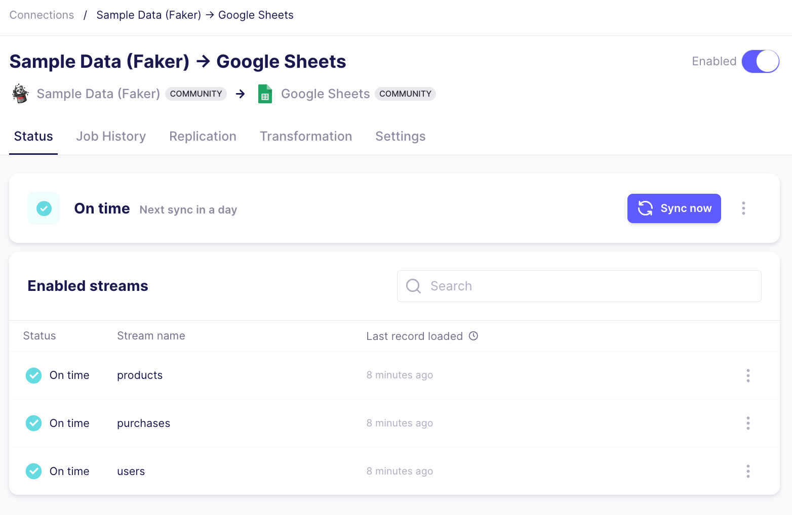 Connection dashboard